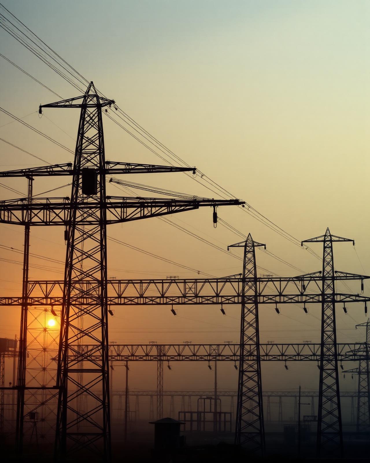 EHV transmission substation silhouetted at dawn
