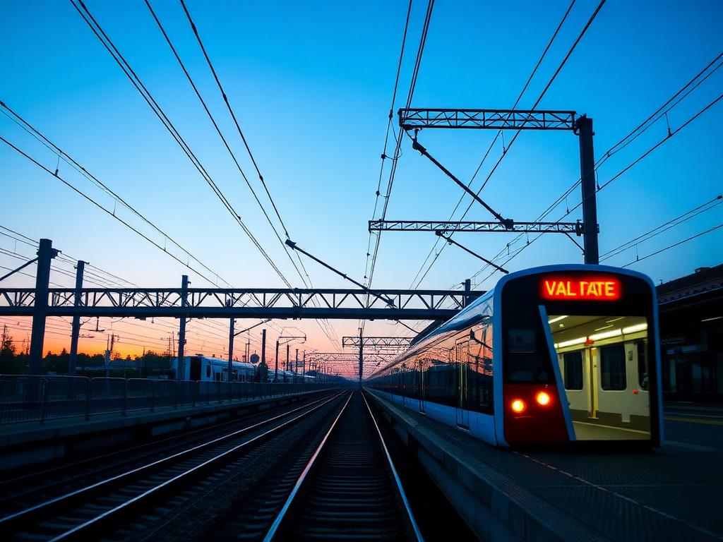 Metro train at an electrified station at blue hour